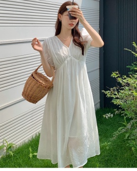 Printing Korean style summer fresh temperament V-neck dress