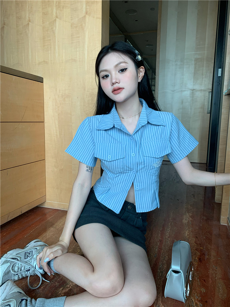 Short stripe shirt college style embroidery tops