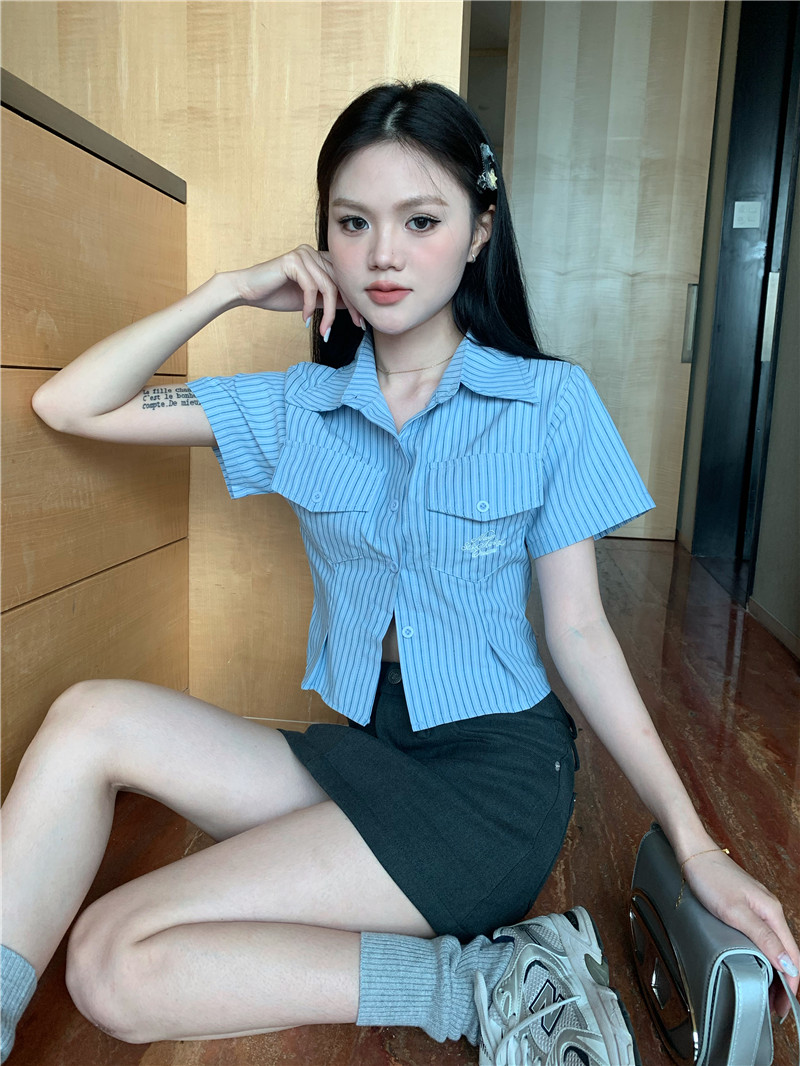 Short stripe shirt college style embroidery tops