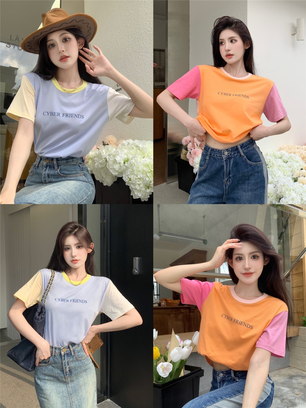 Summer splice tops mixed colors printing T-shirt for women