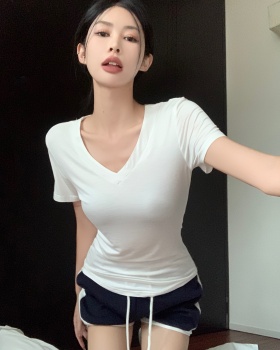 High waist shorts V-neck T-shirt 2pcs set for women