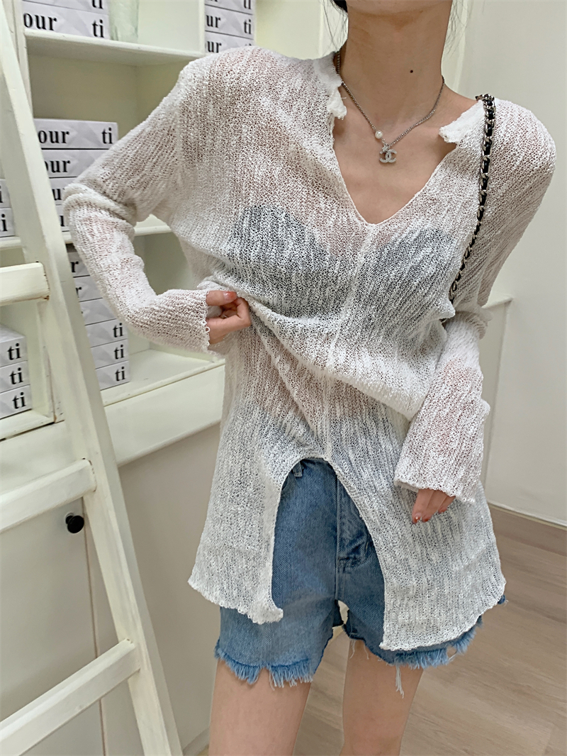 Loose pullover hollow long V-neck split lazy pure sweater