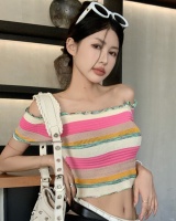 Slim stripe short summer rainbow knitted T-shirt
