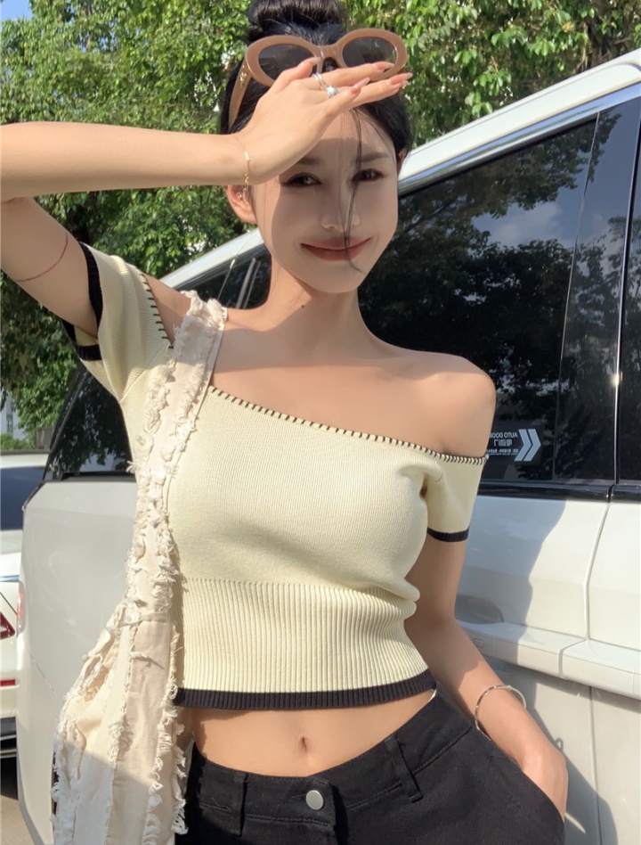 Knitted mixed colors T-shirt short sweet tops