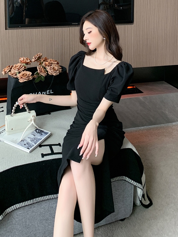 Temperament square collar slim dress split summer long dress