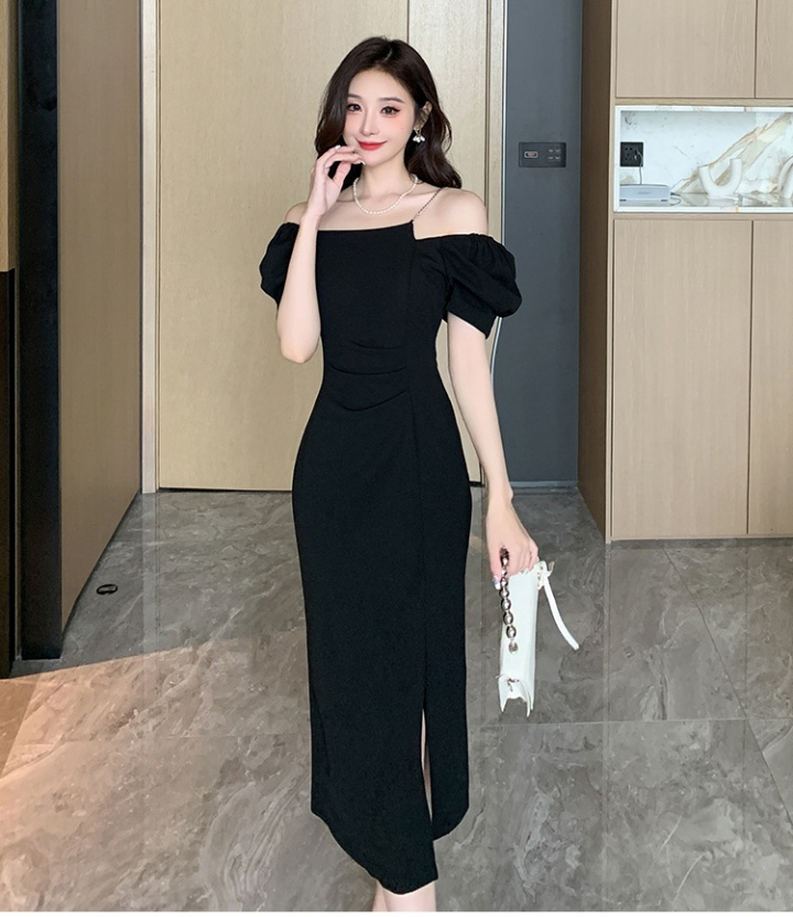 Temperament square collar slim dress split summer long dress