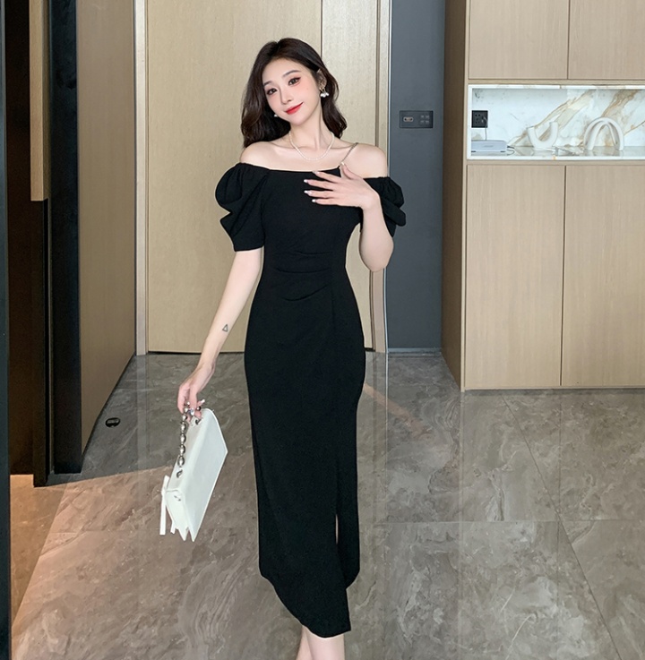 Temperament square collar slim dress split summer long dress