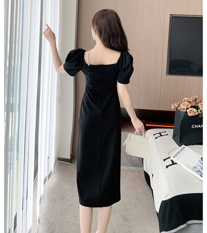 Temperament square collar slim dress split summer long dress