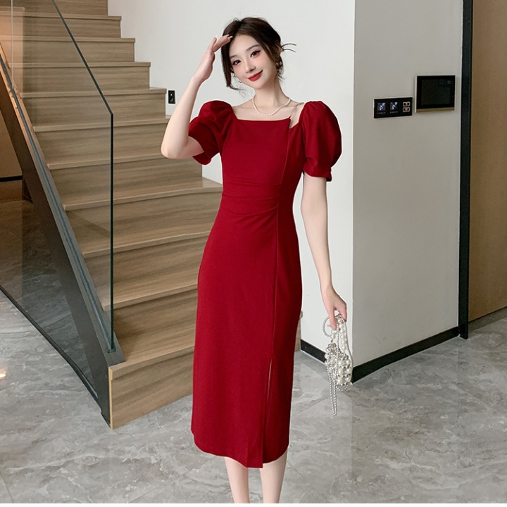 Temperament square collar slim dress split summer long dress