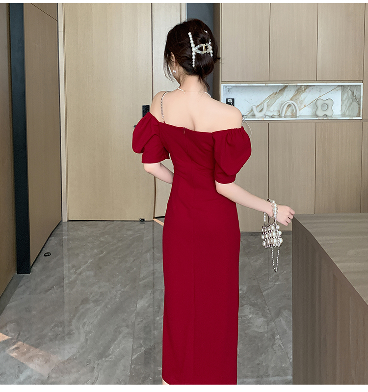 Temperament square collar slim dress split summer long dress