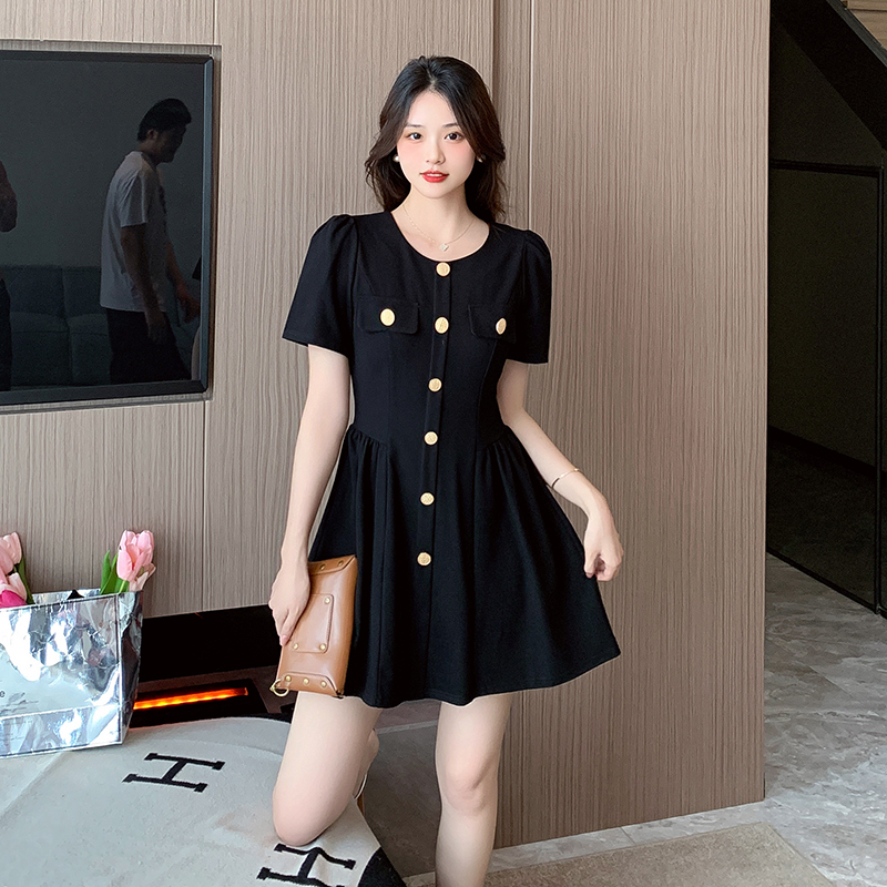 Pinched waist summer France style slim puff sleeve dress