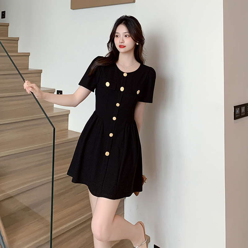 Pinched waist summer France style slim puff sleeve dress