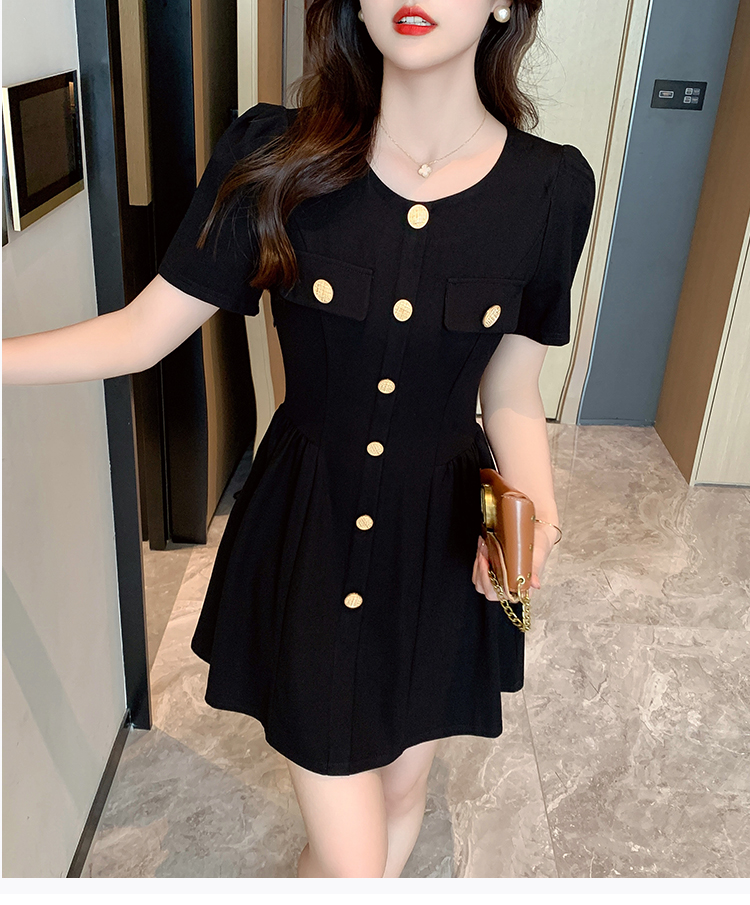 Pinched waist summer France style slim puff sleeve dress