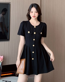 Pinched waist summer France style slim puff sleeve dress