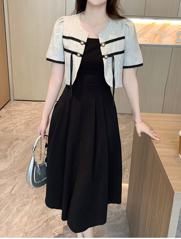 Fashion and elegant black strap dress summer jacket 2pcs set