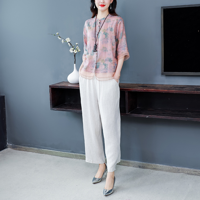 Flax fashion cotton linen Casual tops 2pcs set for women
