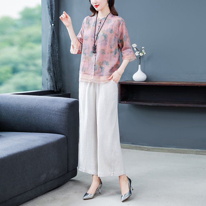 Flax fashion cotton linen Casual tops 2pcs set for women