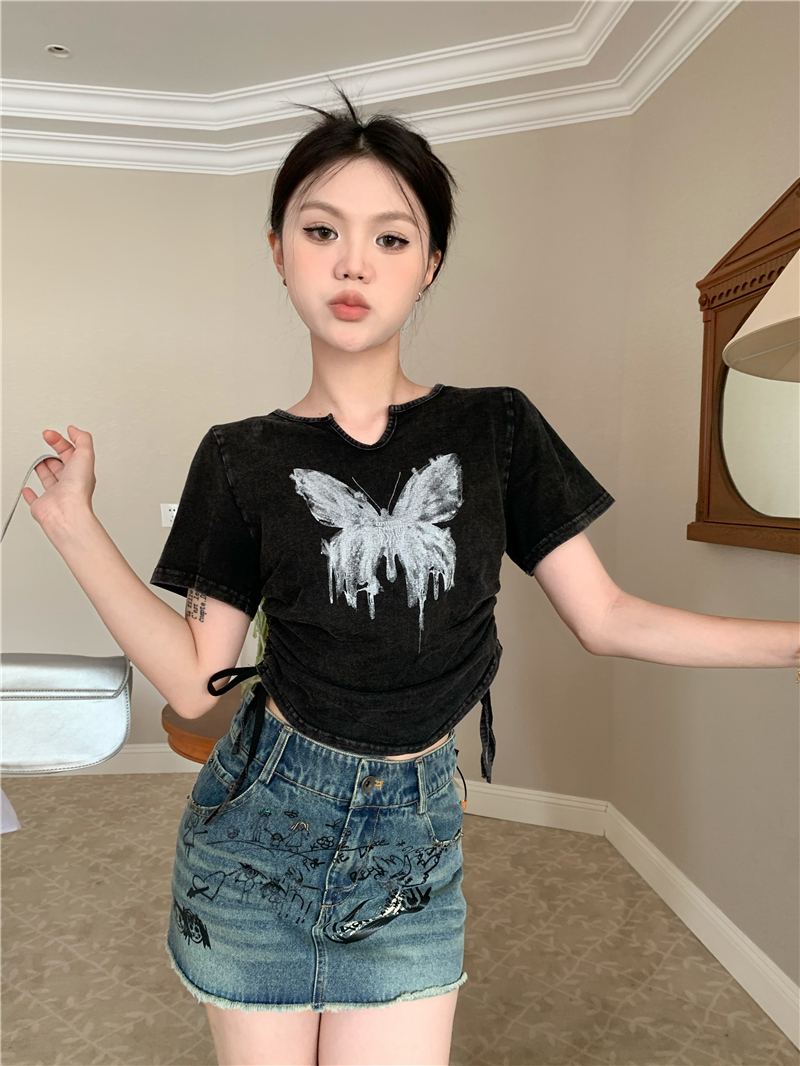 Washed butterfly retro drawstring short T-shirt