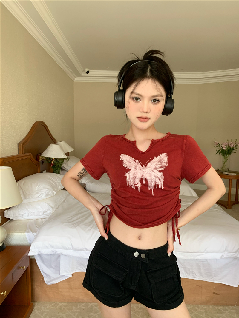 Washed butterfly retro drawstring short T-shirt