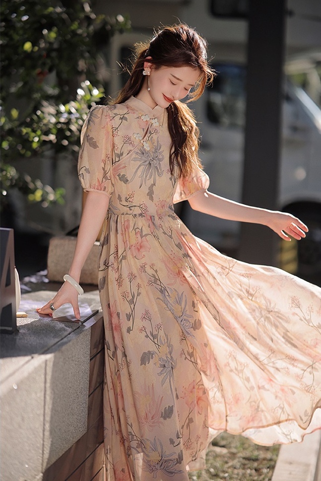 Floral Chinese style dress light pink cheongsam for women
