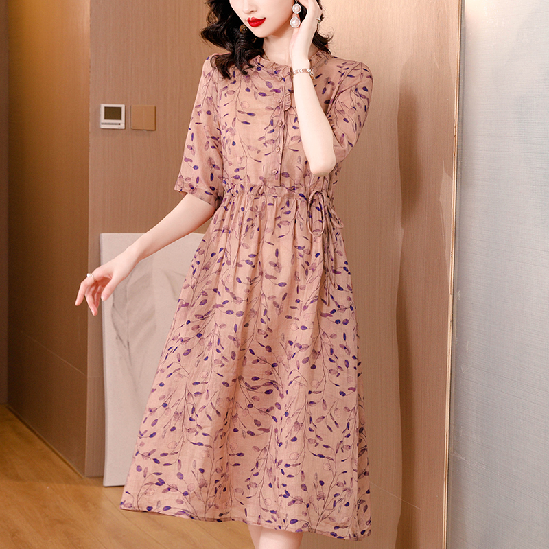 Long temperament flax cotton linen floral dress for women