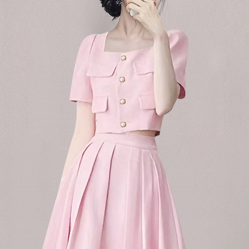Summer pink skirt short ladies tops 2pcs set