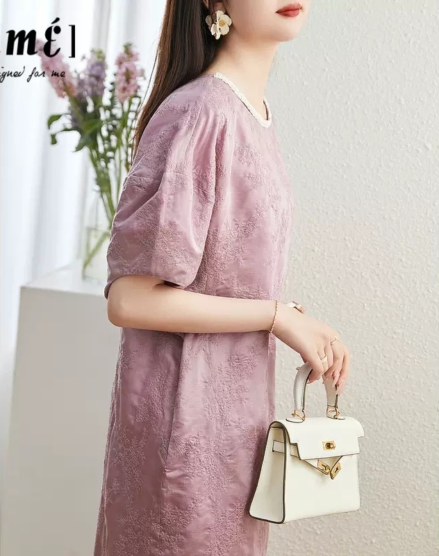 Elegant short sleeve printing round neck dress for women
