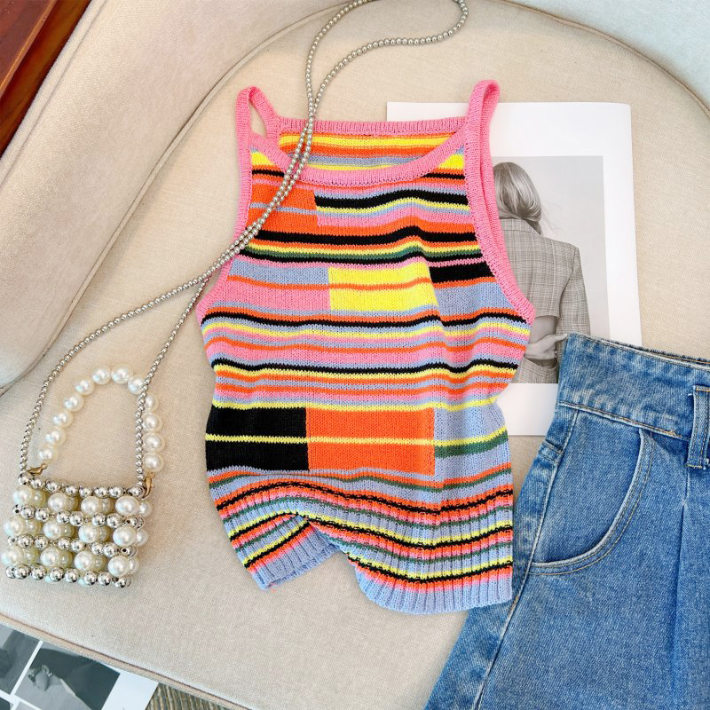 Rainbow summer short vest knitted stripe tops for women