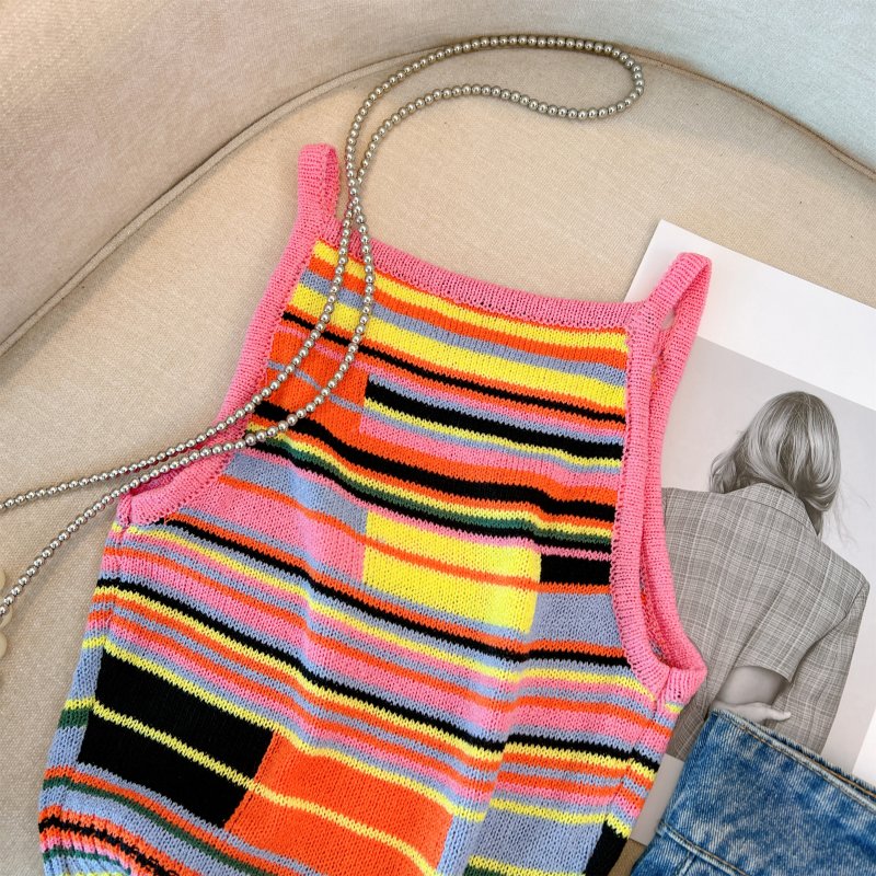 Rainbow summer short vest knitted stripe tops for women