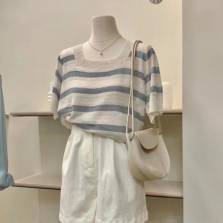 Short sleeve loose tops square collar stripe sweater for women