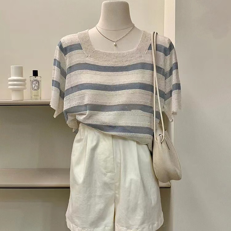 Short sleeve loose tops square collar stripe sweater for women