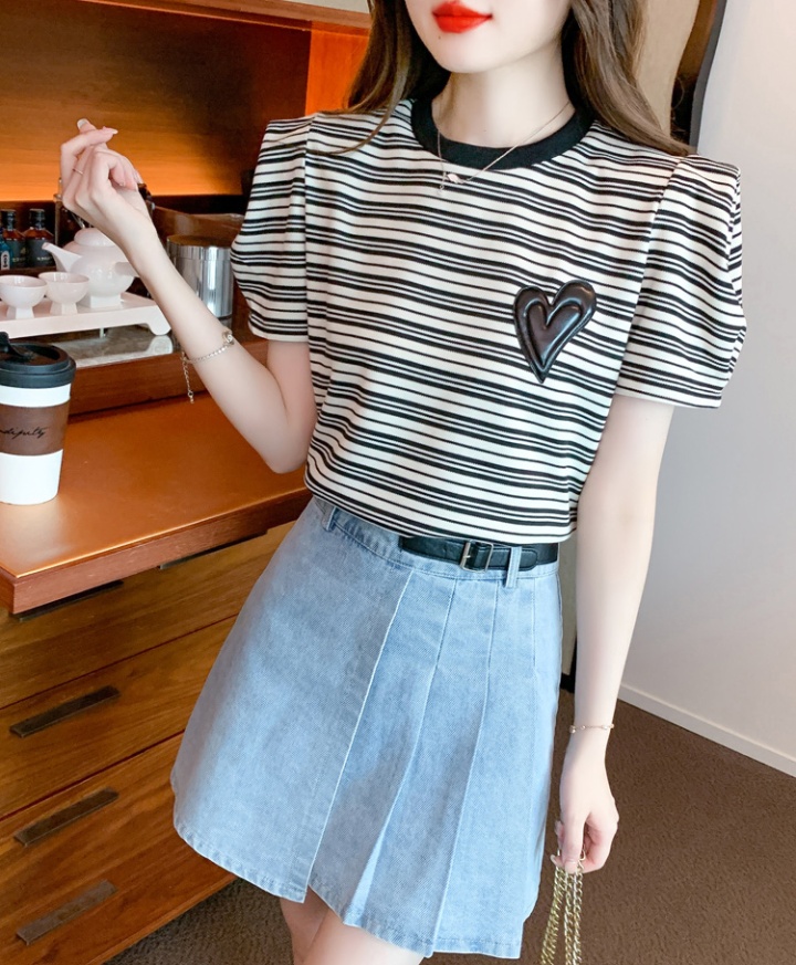 Fashion round neck short sleeve tops stripe heart T-shirt