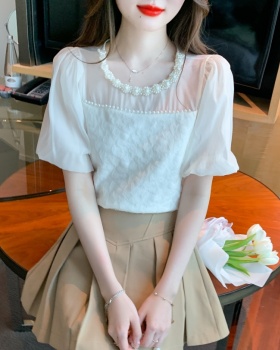 Summer lace short sleeve shirts puff sleeve pearl tops