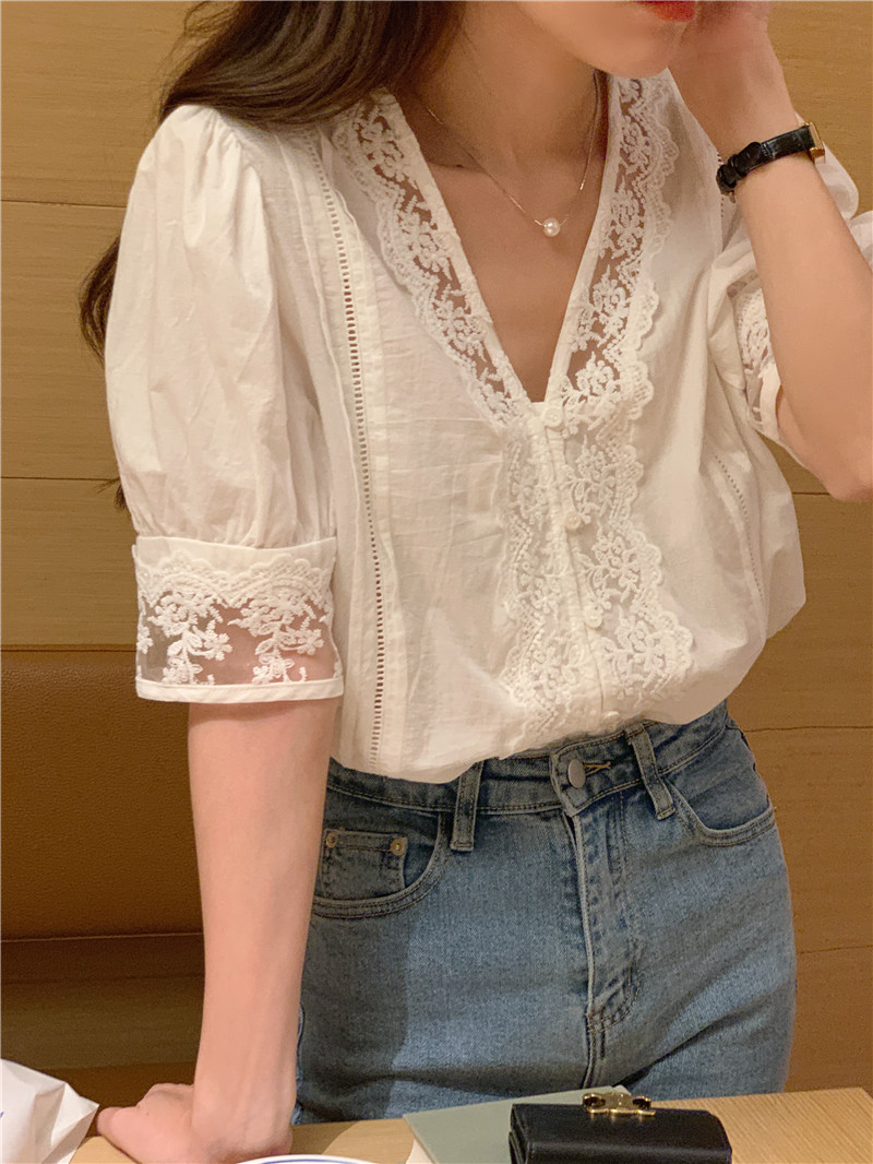 France style short sleeve V-neck lace Korean style shirt