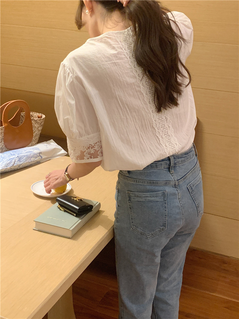 France style short sleeve V-neck lace Korean style shirt