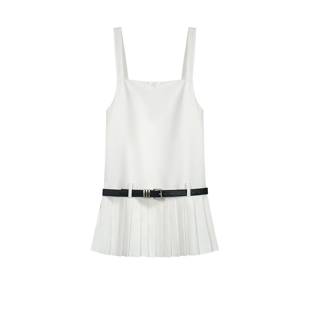 With belt sling summer white pleated dress