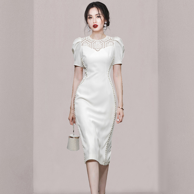 Lace white splice pearl dress for women