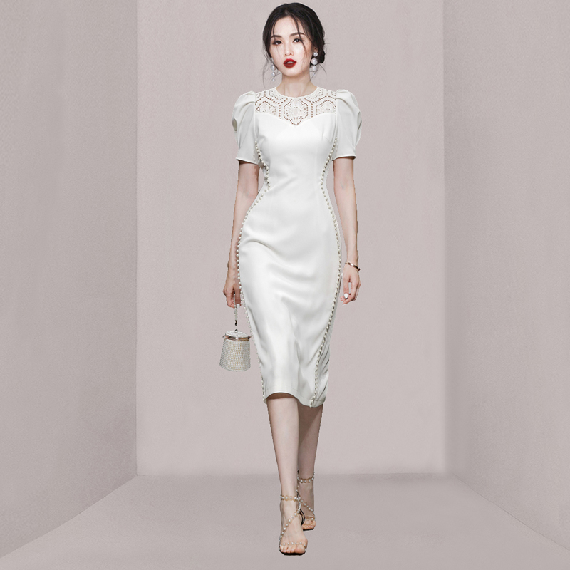 Lace white splice pearl dress for women