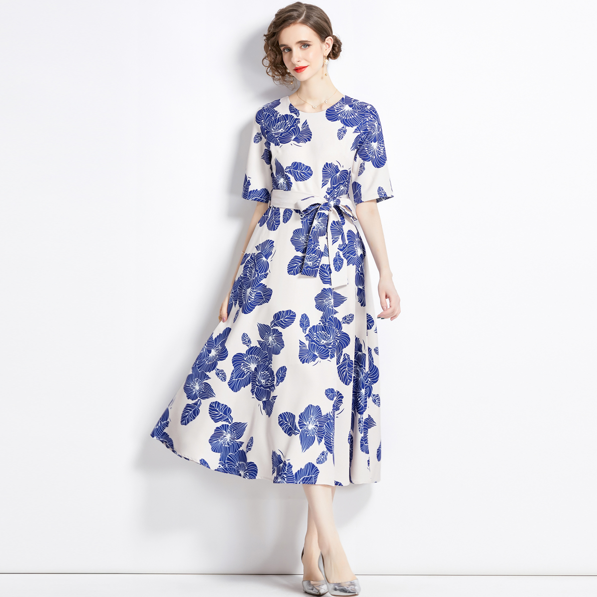Printing blue and white porcelain dress retro long dress