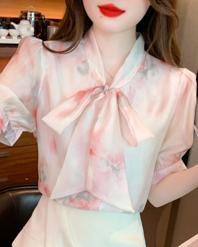 Printing bow Korean style tops chiffon all-match shirt for women