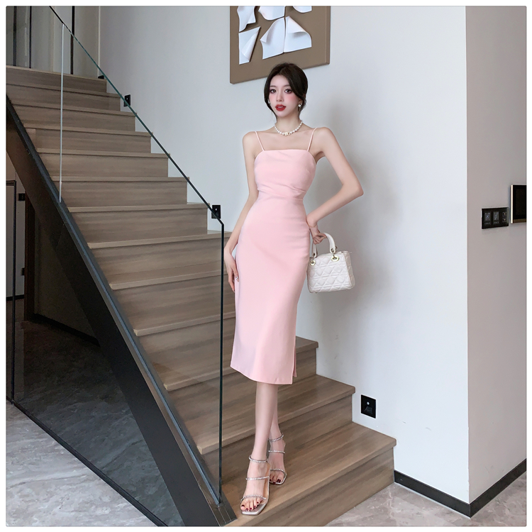 Split pink slim temperament package hip dress for women