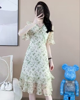 Chiffon printing dress V-neck summer cheongsam