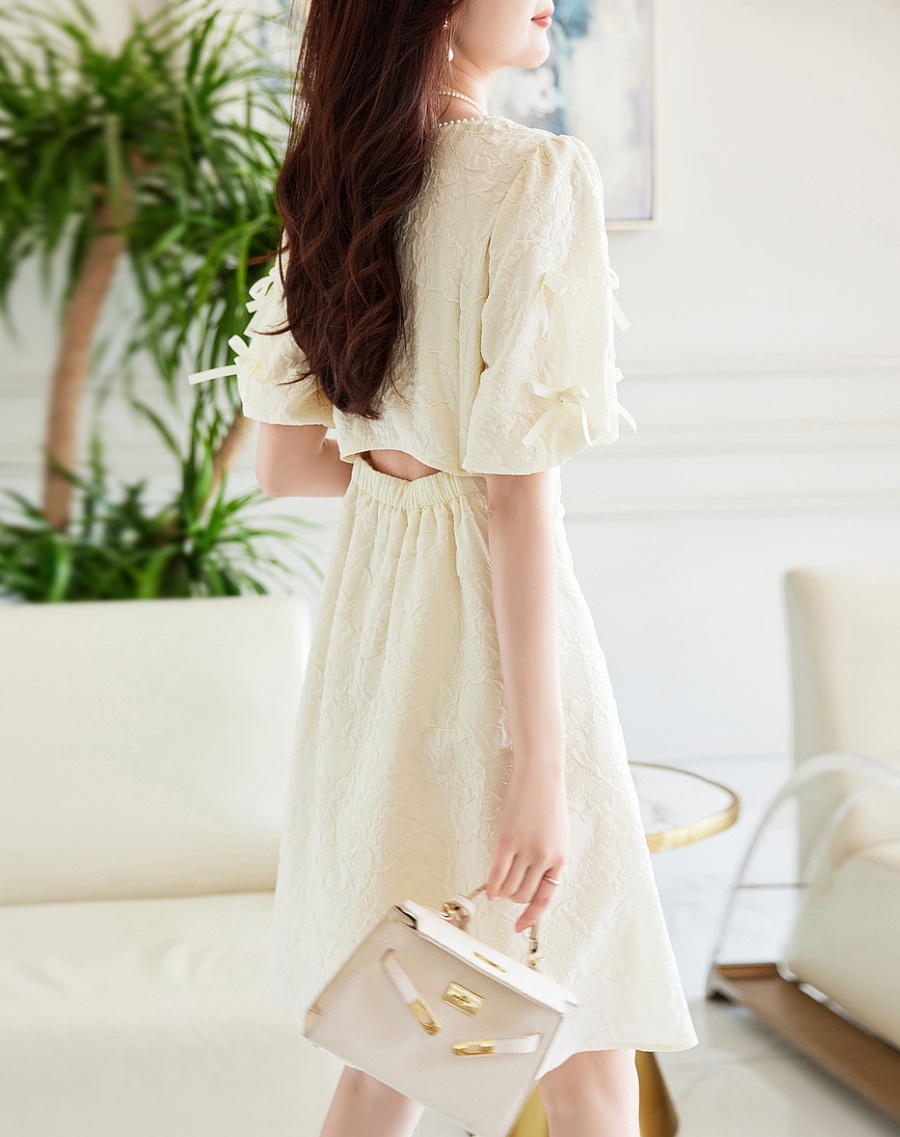 Bow pure cotton puff sleeve summer ribbon round neck dress
