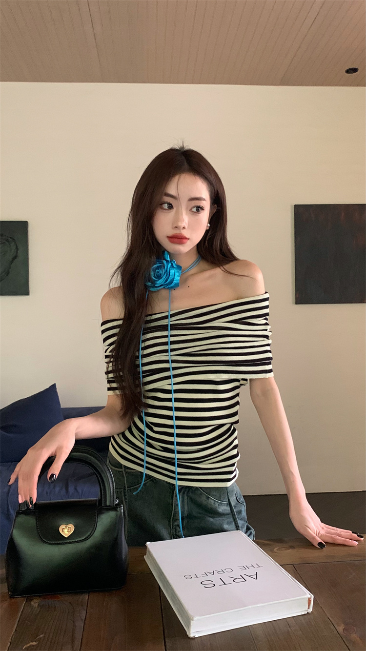 Knitted wear slim stripe summer horizontal collar tops