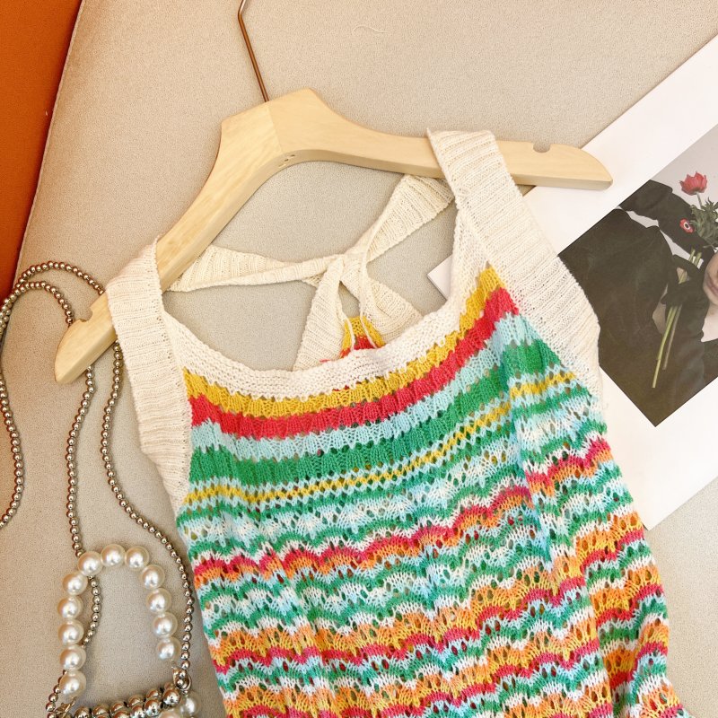Summer colors short tops stripe knitted halter vest