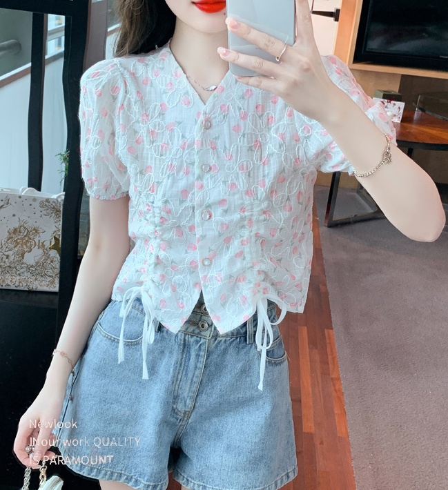 Floral lace shirts summer short sleeve chiffon shirt