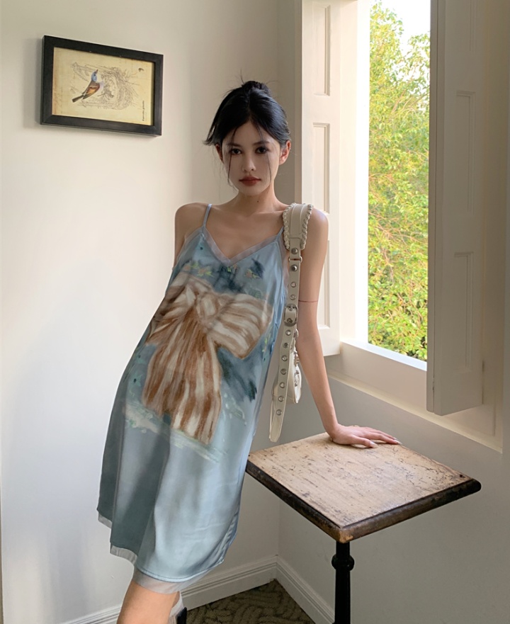 Sling printing spicegirl bow summer dress