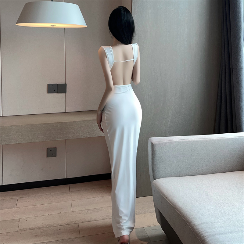 Split sexy formal dress white V-neck long dress