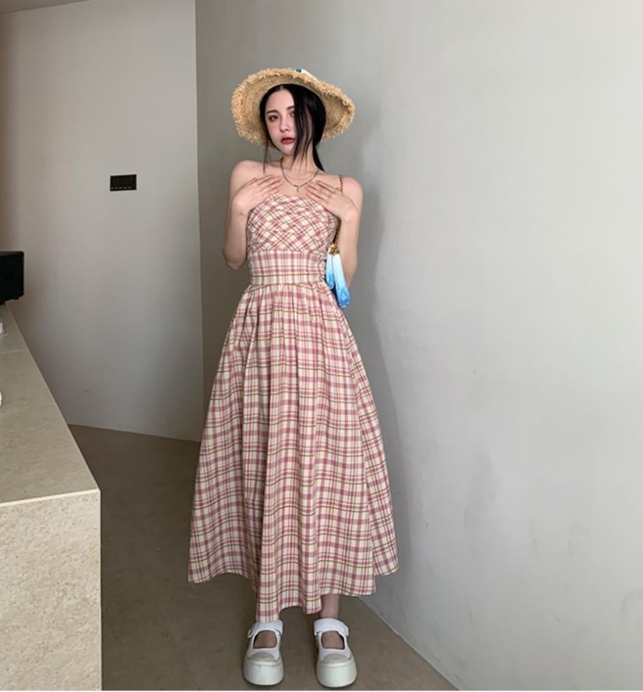 Plaid sling long wrapped chest spring and summer pink dress