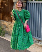 Floral slim lantern sleeve apple-green Korean style dress